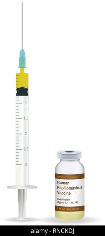 Immunisierung, HPV-Impfstoff Kunststoff medizinische Spritze mit Nadel und Fläschchen isoliert auf einem weißen Hintergrund. Vector Illustration. Stock Vektor