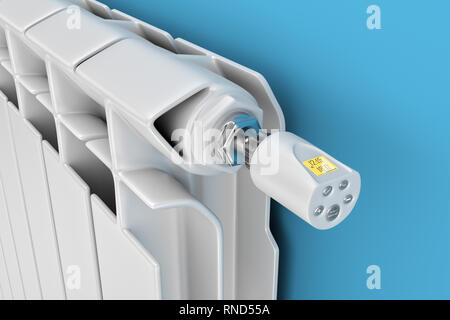 3D-Rendering. Heizkörper von Zentralheizungen mit Thermostat Controller. Stockfoto