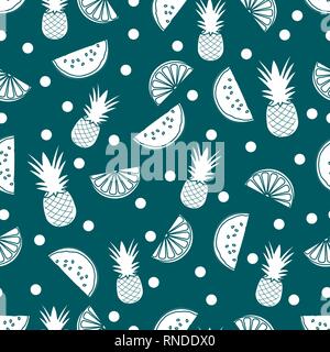 Nahtlose Muster mit Ananas, Orange Scheiben, Wassermelone. Tropische Früchte. Sommer Hintergrund. Stock Vektor