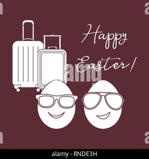 Vector Illustration mit zwei Eiern, Sonnenbrille, Koffer. Aufschrift Frohe Ostern. Grußkarte. Stock Vektor
