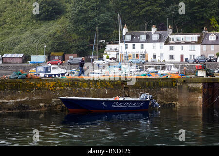 STONEHAVEN, Aberdeenshire, Schottland, Großbritannien, 7. Juli 2017. Blick über den Hafen von Stonehaven in Richtung B&B mit angelegten Vergnügen Motorboot Stockfoto