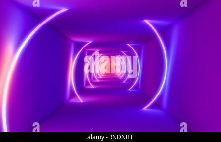 Neonleuchten in abstrakten Tunnel 3D Rendering image Stockfoto