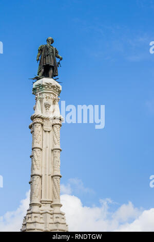 Statue von Afonso de Albuquerque auf der Afonso de Albuquerque in Belém in Lissabon, Portugal vor Belem entfernt. Stockfoto