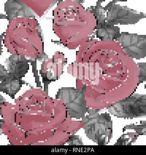 Vektor Muster Blumen Blätter Rose Knospen Blühen Pastell rosa Silber nahtlose Dekoration Hintergrund Stock Vektor