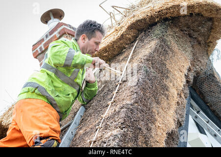 Cambridgeshire, Großbritannien. 18 Feb, 2019. Die strohgedeckten Dach einer alten Ferienhaus Bauernhaus auf Lark Rise Farm wird repariert. Chris Pepper und sein Team arbeiten das denkmalgeschützte Gebäude zu rethatch, Teile aus dem 14. Jahrhundert stammt. Der erfahrene Handwerker mit langem Stroh der Grat wieder aufzubauen und die wichtigsten Teile des Dachs. Credit: Julian Eales/Alamy leben Nachrichten Stockfoto