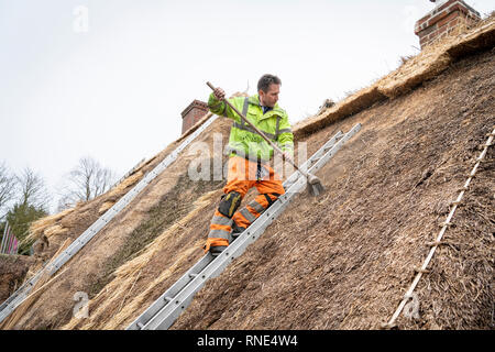 Cambridgeshire, Großbritannien. 18 Feb, 2019. Die strohgedeckten Dach einer alten Ferienhaus Bauernhaus auf Lark Rise Farm wird repariert. Chris Pepper und sein Team arbeiten das denkmalgeschützte Gebäude zu rethatch, Teile aus dem 14. Jahrhundert stammt. Der erfahrene Handwerker mit langem Stroh der Grat wieder aufzubauen und die wichtigsten Teile des Dachs. Credit: Julian Eales/Alamy leben Nachrichten Stockfoto