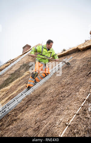 Cambridgeshire, Großbritannien. 18 Feb, 2019. Die strohgedeckten Dach einer alten Ferienhaus Bauernhaus auf Lark Rise Farm wird repariert. Chris Pepper und sein Team arbeiten das denkmalgeschützte Gebäude zu rethatch, Teile aus dem 14. Jahrhundert stammt. Der erfahrene Handwerker mit langem Stroh der Grat wieder aufzubauen und die wichtigsten Teile des Dachs. Credit: Julian Eales/Alamy leben Nachrichten Stockfoto