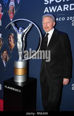 Monaco, Monaco. 18 Feb, 2019. Boris Becker (Laureus Academy Mitglied) an der Laureus Trophäe. GES/Sport Allgemein/Laureus World Sports Awards 2019, 18.02.2019 Sport: Laureus World Sports Awards 2019, Februar 18, 2019 | Verwendung der weltweiten Kredit: dpa Picture alliance/Alamy Leben Nachrichten Quelle: dpa Picture alliance/Alamy leben Nachrichten Stockfoto