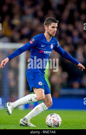 London, Großbritannien. 18 Feb, 2019. Jorginho von Chelsea im FA Cup 5 Runde zwischen Chelsea und Manchester United an der Stamford Bridge, London, England am 18. Februar 2019. Foto von salvio Calabrese. Nur die redaktionelle Nutzung, eine Lizenz für die gewerbliche Nutzung erforderlich. Keine Verwendung in Wetten, Spiele oder einer einzelnen Verein/Liga/player Publikationen. Credit: UK Sport Pics Ltd/Alamy leben Nachrichten Stockfoto