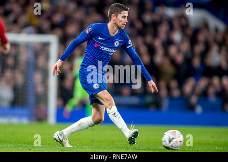 London, Großbritannien. 18 Feb, 2019. Jorginho von Chelsea im FA Cup 5 Runde zwischen Chelsea und Manchester United an der Stamford Bridge, London, England am 18. Februar 2019. Foto von salvio Calabrese. Nur die redaktionelle Nutzung, eine Lizenz für die gewerbliche Nutzung erforderlich. Keine Verwendung in Wetten, Spiele oder einer einzelnen Verein/Liga/player Publikationen. Credit: UK Sport Pics Ltd/Alamy leben Nachrichten Stockfoto