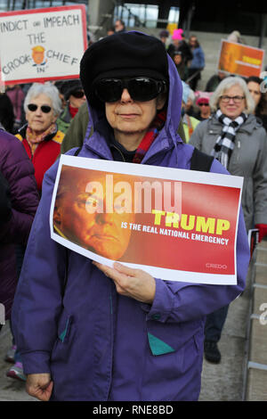 Eugene, Oregon, USA. 18. Februar, 2019. Demonstranten in Eugene, Oregon Kundgebung gegen geplante Präsident des Trump 'State Notfall 'Grenzmauer zwischen den USA und Mexiko zu errichten. Credit: Gina Kelly/Alamy leben Nachrichten Stockfoto