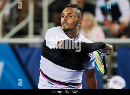 Delray Beach, Florida, USA. 18 Feb, 2019. Nick Kyrgios, von Australien, in Aktion gegen John Millman, von Australien, in der ersten Runde am2019 Delray Beach Open ATP Tennisturnier, am Stadion Delray Beach & Tennis Center in Delray Beach, Florida, USA gespielt. Mario Houben/CSM/Alamy leben Nachrichten Stockfoto