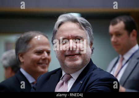 Brüssel, Belgien. 19. Februar 2018. Griechische Außenminister Georgios Katrougalos nimmt an einer Europäischen Union Tagung des Rates "Allgemeine Angelegenheiten". Alexandros Michailidis/Alamy leben Nachrichten Stockfoto