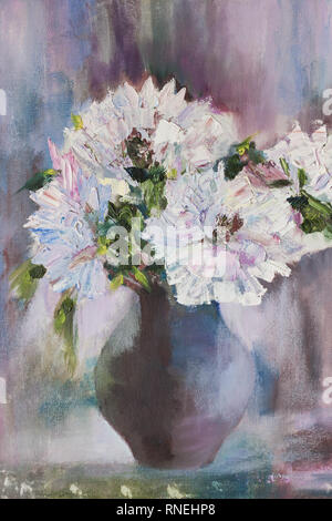 Noch immer leben einen Blumenstrauß. Öl malerei Licht Pfingstrosen in Vase. Hand Ölgemälde auf Leinwand Stockfoto