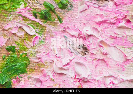 Nahaufnahme der abstrakten handgemachte Hintergrund, rosa Blüten, die Beschaffenheit der Ölmalerei auf Leinwand. Art Design, für Hintergrund Stockfoto