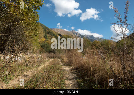 Wenig - benutzte Feldweg führt den Zuschauer durch Scheuern, Bäume und Wald in Richtung der hohen, schroffen Gipfeln der Rila-gebirge in Bulgarien in der Nähe der fam Stockfoto