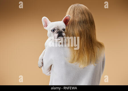 Frau in weißem Pullover Holding auf die Schulter französische Bulldogge mit niedlichen Schnauze auf beigen Hintergrund Stockfoto