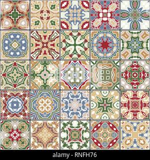 Eine Sammlung von Keramikfliesen in retro Farben. Eine Reihe von quadratischen Muster im ethnischen Stil. Vector Illustration. Stock Vektor