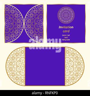 Hochzeit Einladung oder Grußkarte mit klassischen Ornament. Bild für Laserschneiden oder Druck geeignet. Gold Muster auf blauem Hintergrund. Vektor Stock Vektor