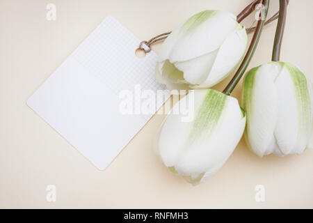 Künstliche weiße Tulpen mit Grußkarte in Pastelltönen Hintergrund. Konzept für Muttertag Feier mit kopieren. Stockfoto