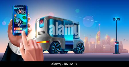Autonome fahrerlose Shuttle Bus. Automatisierte self-driving System des Fahrzeugs in der Stadt. Reisenden, die im Besitz-Smartphone in der Hand und rufen Cab über Mobile Stock Vektor