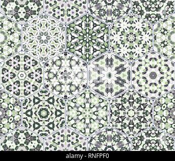 Ein reichhaltiges Angebot von Sechseckigen keramische Fliesen in Schattierungen von Grün. Bunte Elemente im orientalischen Stil. Vector Illustration. Stock Vektor