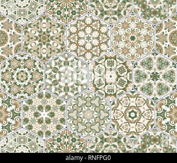 Ein reichhaltiges Angebot von Sechseckigen keramische Fliesen in Schattierungen von Grün. Bunte Elemente im orientalischen Stil. Vector Illustration. Stock Vektor