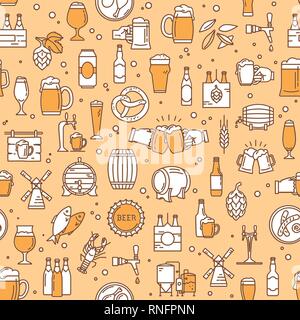 Nahtlose bunte Muster Hintergrund Kraftpapier Bierbrauen Symbole im modernen Stil mit dem Thema Bier, seine Produktion und Verwendung im Vektorformat. Stock Vektor