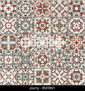 Eine Sammlung von Keramikfliesen in retro Farben. Eine Reihe von quadratischen Muster im ethnischen Stil. Vector Illustration. Stock Vektor