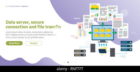 Daten Server, sichere Verbindung und Datenübertragung. Cloud Storage, Backup und File Sharing. Daten Zugriff auf den Server, Datei Zugriff auf und gemeinsame Nutzung von Daten. Flache Desig Stockfoto