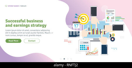 Erfolgreiche Geschäfts- und Ergebnisentwicklung Strategie, finanzielle Investitionen, Analytik mit Wachstum Bericht. Erfolg im Geschäft und Inbetriebnahme. Flaches Design für Web b Stockfoto