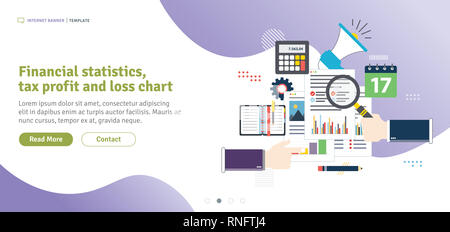 Finanzstatistik, Steuern Gewinn und Verlust. Die Berechnung der Rate, Investitionen und Steuern. Analyse von Dokumenten mit Diagrammen. Flaches Design für Web Bann Stockfoto