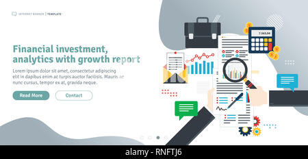 Finanzielle Investitionen, Analytik mit Wachstum Bericht. Analyse von Dokumenten mit Diagrammen. Die Berechnung der Rate, Investitionen und Steuern. Flaches Design für Web Stockfoto