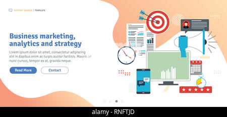 Business Marketing, Analyse und Strategie. Werbung und Marketing Kommunikation Symbole. Soziale Netzwerke und Social Media. Flaches Design für Web Bann Stockfoto