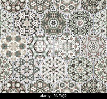 Ein reichhaltiges Angebot von Sechseckigen keramische Fliesen in Schattierungen von Grün. Bunte Elemente im orientalischen Stil. Vector Illustration. Stock Vektor