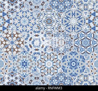 Ein reichhaltiges Angebot von Sechseckigen keramische Fliesen in den Farben Blau und Braun. Bunte Elemente im orientalischen Stil. Vector Illustration. Stock Vektor