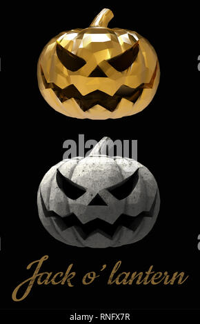 Halloween Kürbis jack Lantern mit unterschiedlichen Stilen Material in Gold und Stein auf dunklem Hintergrund Stockfoto