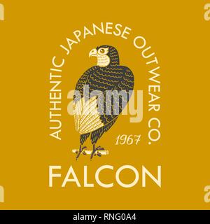 Falcon logo für t-shirt. Adler oder Wild Bird für Vintage Banner oder Poster. Portrait im japanischen Stil. Hand graviert Monochrom Skizze für Retro gezeichnet Stock Vektor