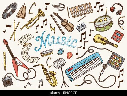 Musikinstrumente set Symbole Lager Vektor-Illustration isoliert auf weißem Hintergrund Stock Vektor