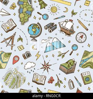 Geographie Symbole nahtlose Muster. Ausrüstungen für Web Banner Hintergrund. Vintage skizzieren Skizze für Werbebanner. Doodle Stil. Bildung Konzept Stock Vektor