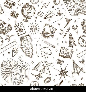 Geographie Symbole nahtlose Muster. Ausrüstungen für Web Banner Hintergrund. Vintage skizzieren Skizze für Werbebanner. Doodle Stil. Bildung Konzept Stock Vektor