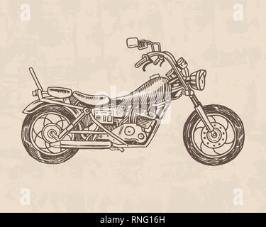 Oldtimer Motorrad, retro Fahrrad. Extreme Biker Transport im alten Stil. Hand graviert Monochrom Skizze für Poster und Banner erstellt. Stock Vektor