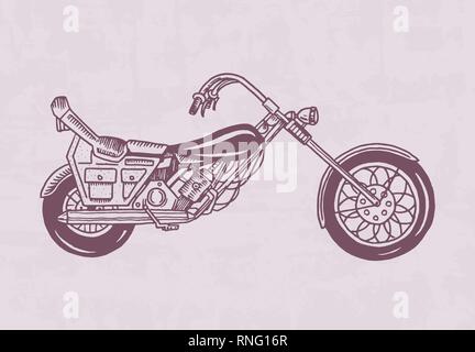 Oldtimer Motorrad, retro Fahrrad. Extreme Biker Transport im alten Stil. Hand graviert Monochrom Skizze für Poster und Banner erstellt. Stock Vektor