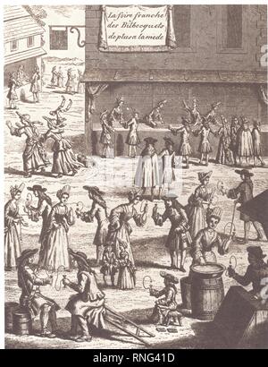 La foire franche des bilboquets. Gravure de Lorsay. Cette gravure satirique montre les excès de la Mode du bilboquet sous le règne de Louis XIV. Stockfoto