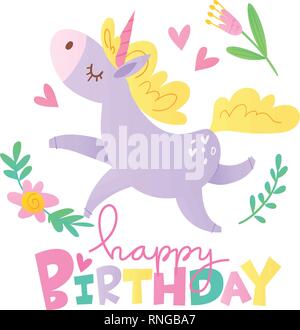 Vektor Happy Birthday Cards mit cartoon Einhorn Charakter Stock Vektor