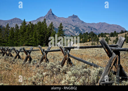 WY 03785-00 ... WYOMING - Traditionelle pol Zaun entlang der Beartooth Scenic Byway mit Pilot Peak in der Ferne in der Shoshone National Forest. Stockfoto