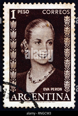 Argentinien - ca. 1952: einen Stempel in die Argentinien gedruckt zeigt Maria Eva Duarte de Perón, First Lady von Argentinien, ca. 1952 Stockfoto