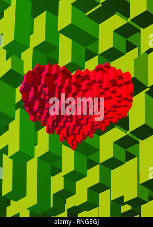 Isometrische cube Block kombinieren, rotes Herz symbol Form auf grünem Hintergrund Stockfoto