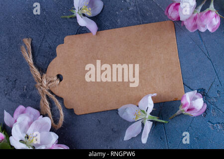 Frühling rosa apple tree Blumen Zweige withempty Papier Hinweis auf grauem Hintergrund, Low Key flachbild Szene legen Stockfoto