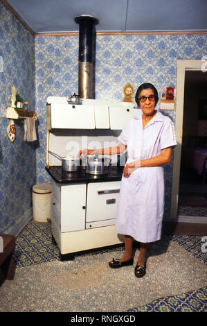 Eine ältere Hispanic Frau in ihrer Küche in Lincoln, Nebraska, Kochen auf Ihr deporession Ära Holzofen. Stockfoto